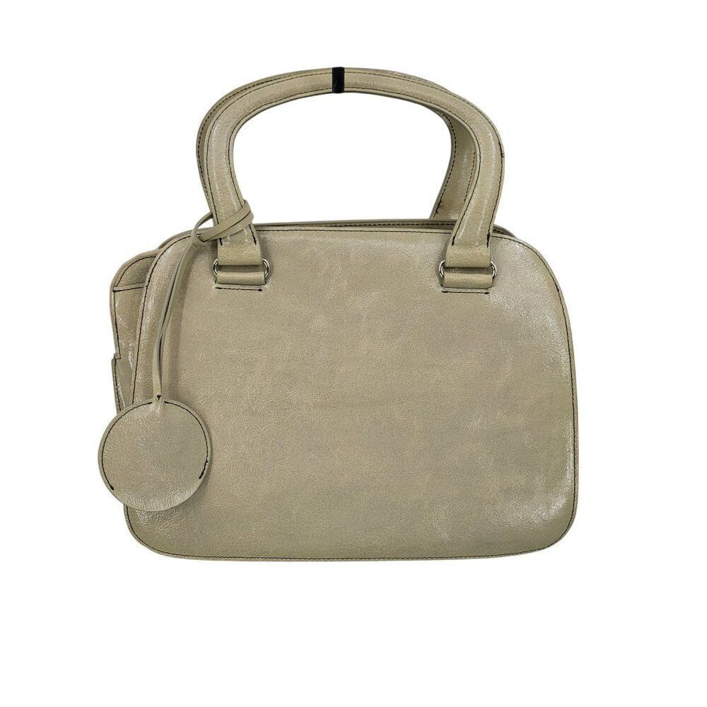 Vtg Beige Oatmeal Double-Handle Leather‎ Structured Top Handle Handbag Old Money